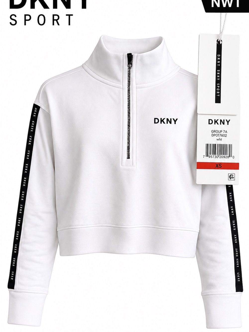 DKNY White Cropped Half-Zip Pullover with Black Tape Detail
